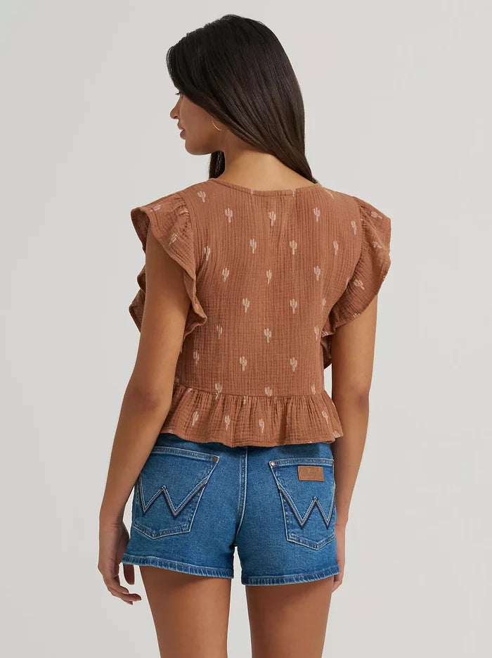 Wrangler Women's Brown Cactus Print Gauzy Flutter Sleeve Cropped Blouse 112380602