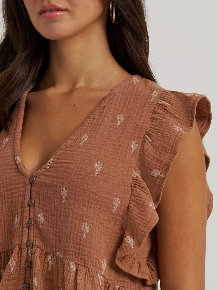 Wrangler Women's Brown Cactus Print Gauzy Flutter Sleeve Cropped Blouse 112380602