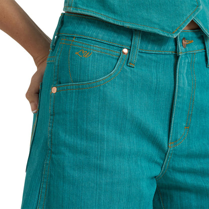 Wrangler Women's x Lainey Wilson 3.5" Turquoise High-Rise Cowboy Cut-Off Jean Shorts 112375615